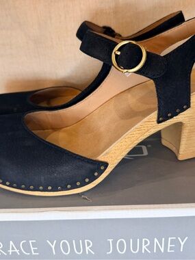 Dansko Black Suede Mary Jane Clogs with Gold Buckle
